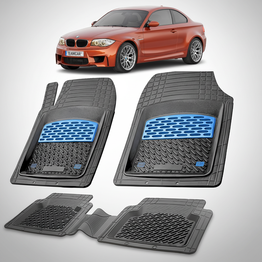Set of car floor mats with a car in the background