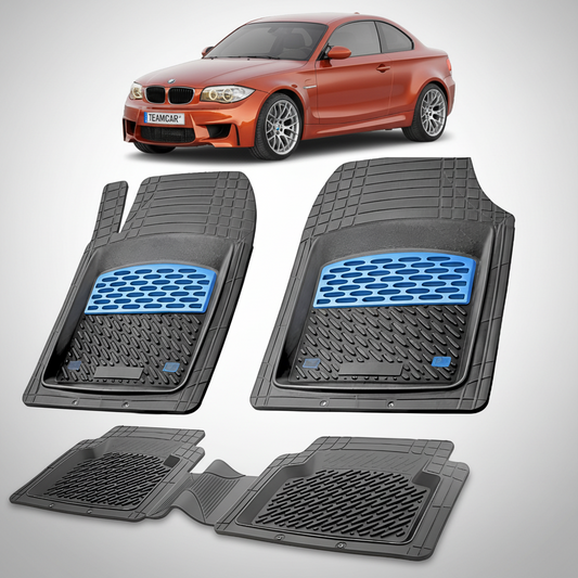Set of car floor mats with a car in the background