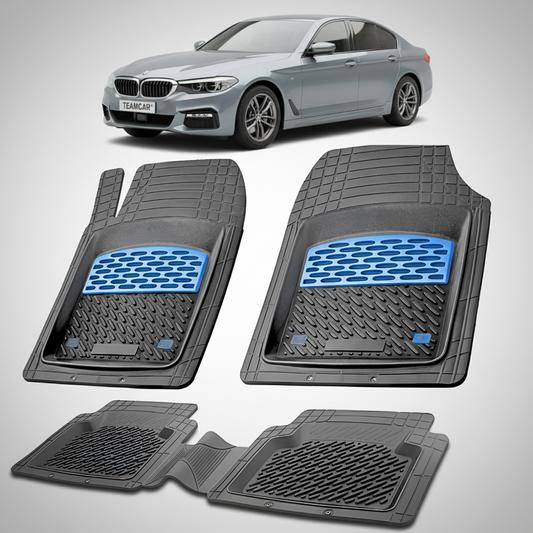 Set of car floor mats with a car in the background