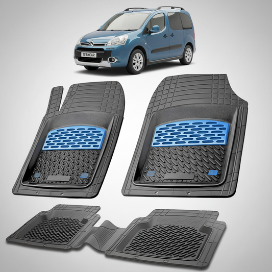set de covorase din cauciuc negre cu accente albastre cu un citroen berlingo passenger gen 2 albastru in fundal