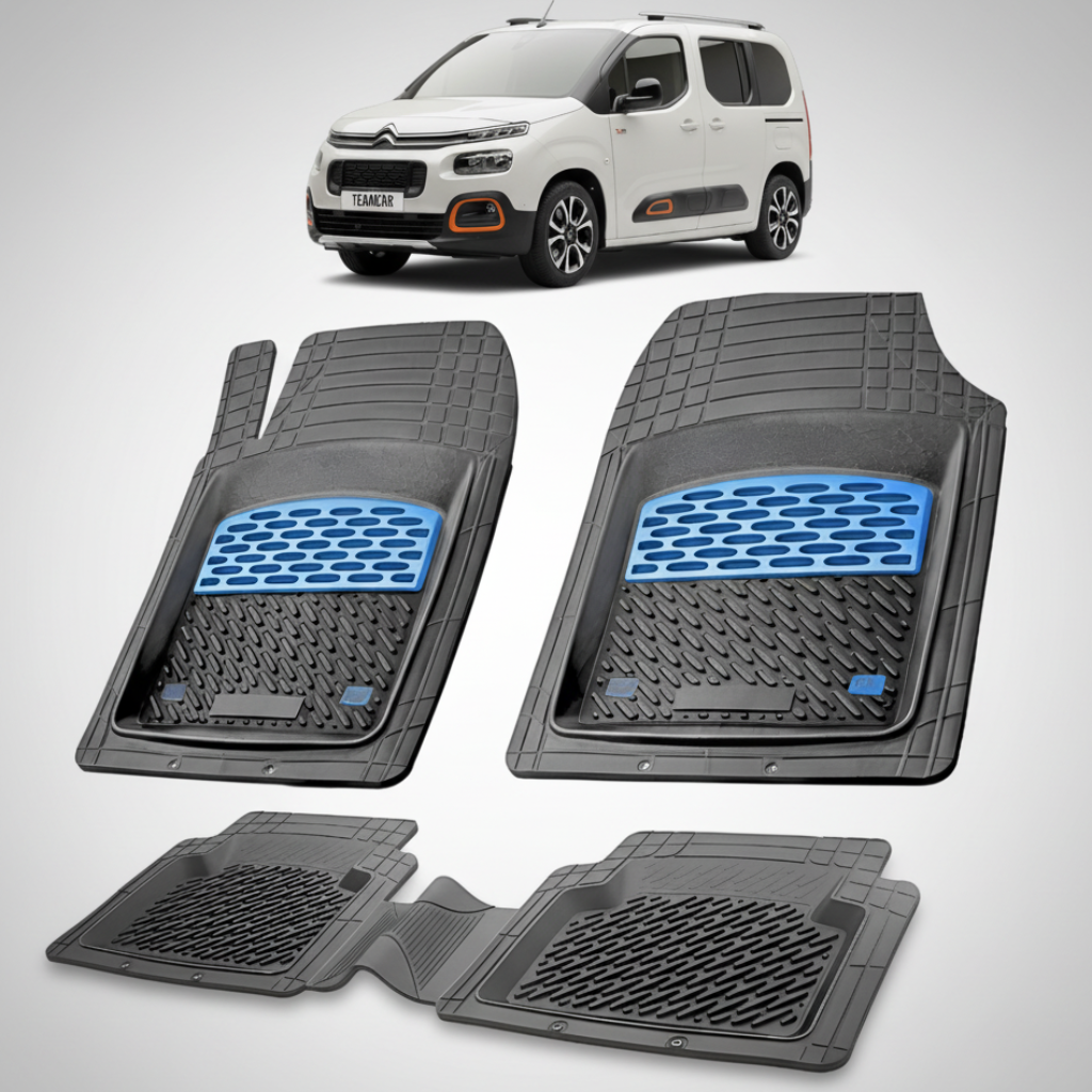 set de covorase din cauciuc negre cu accente albastre cu un citroen berlingo passenger gen 3 alb in fundal