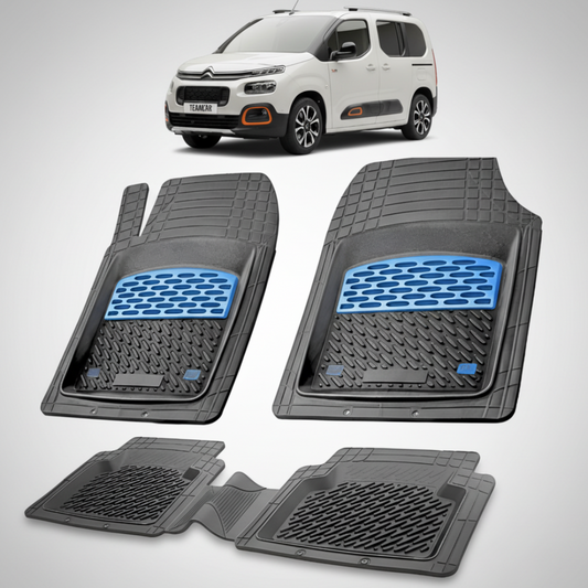 set de covorase din cauciuc negre cu accente albastre cu un citroen berlingo passenger gen 3 alb in fundal