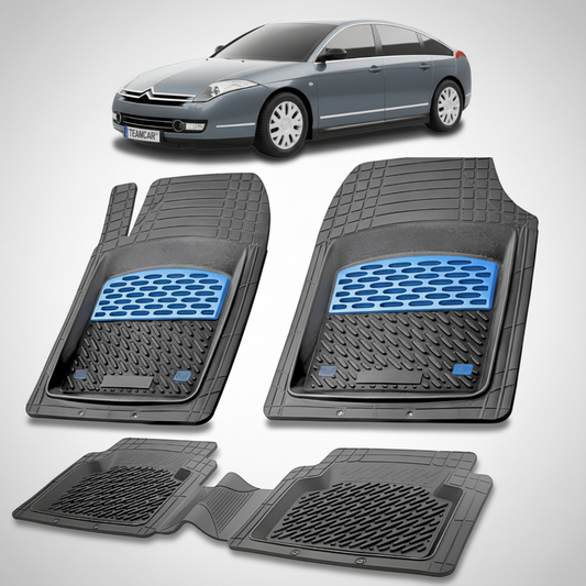 set de covorase din cauciuc negre cu accente albastre cu un citroen c6 sedan gen1 gri inchis in fundal