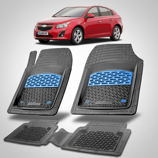 Set of black car floor mats with blue accents on a white background, featuring a red Chevrolet car.