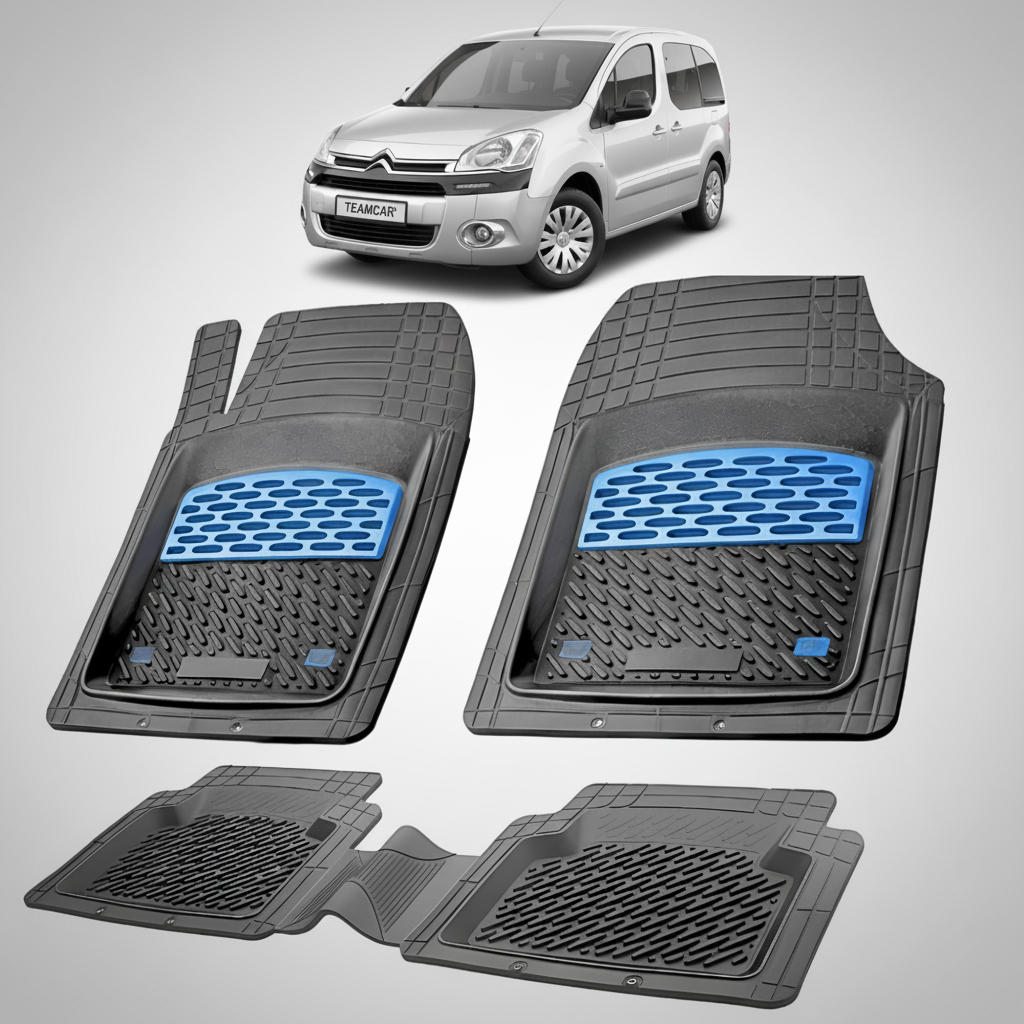 set de covorase din cauciuc negre cu accente albastre cu un citroen berlingo generatia ii gri in fundal