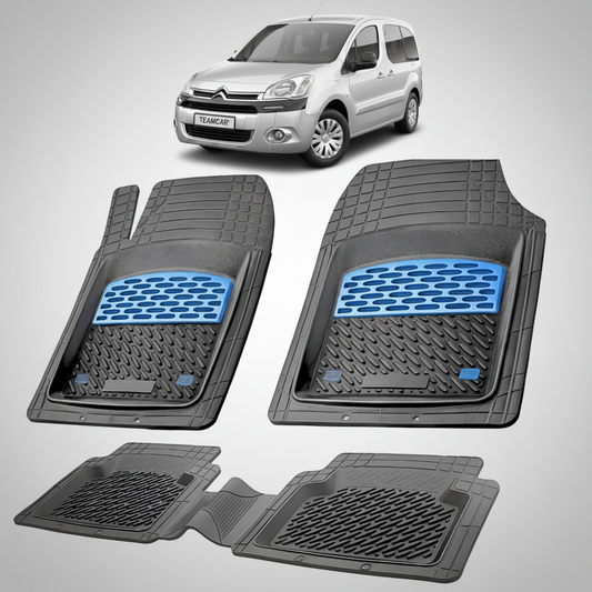 set de covorase din cauciuc negre cu accente albastre cu un citroen berlingo generatia ii gri in fundal
