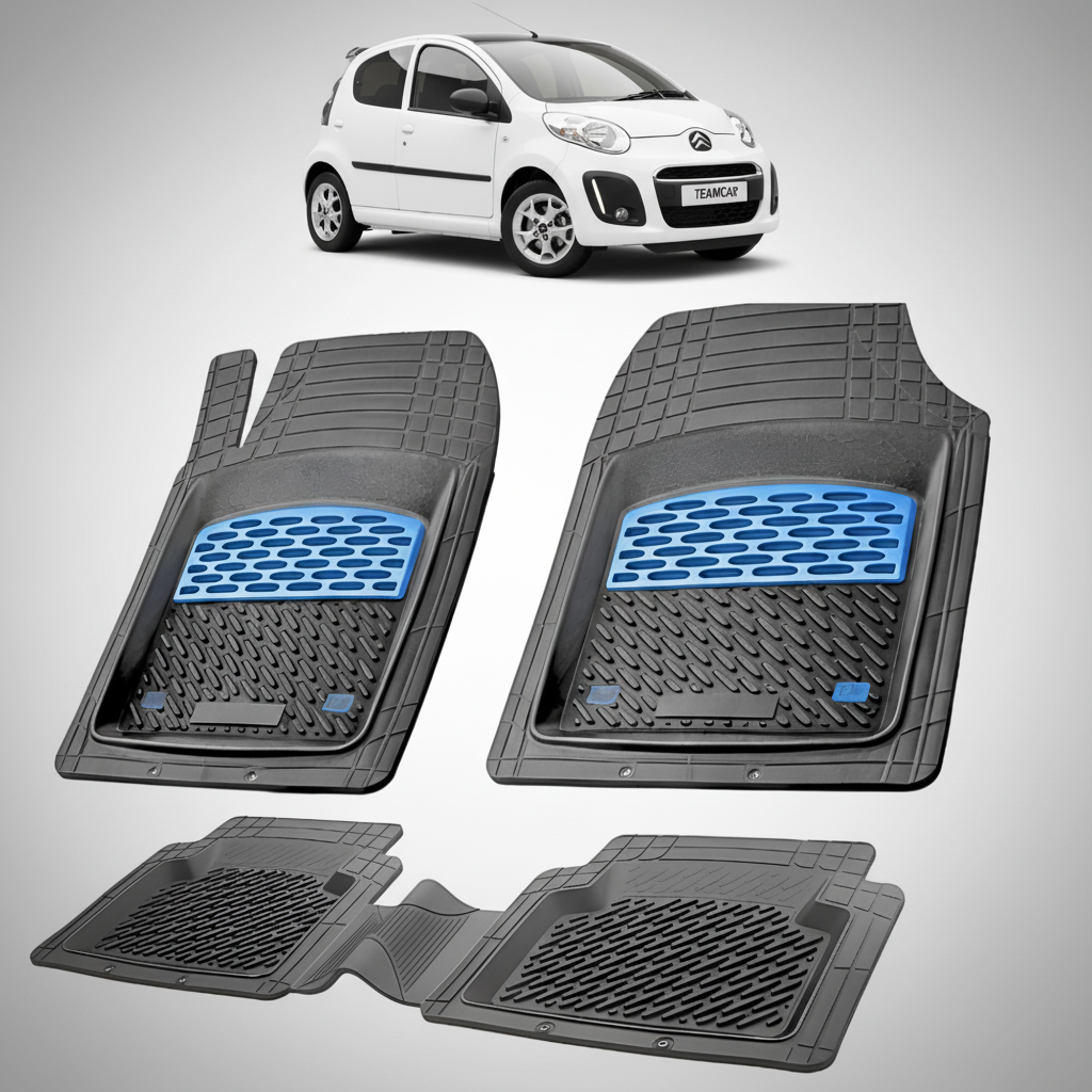 set de covorase din cauciuc negre cu accente albastre cu un citroen c1 generatia i alb in fundal