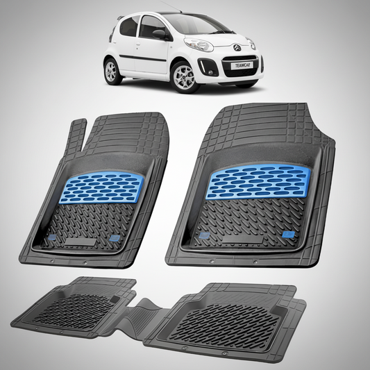 set de covorase din cauciuc negre cu accente albastre cu un citroen c1 generatia i alb in fundal