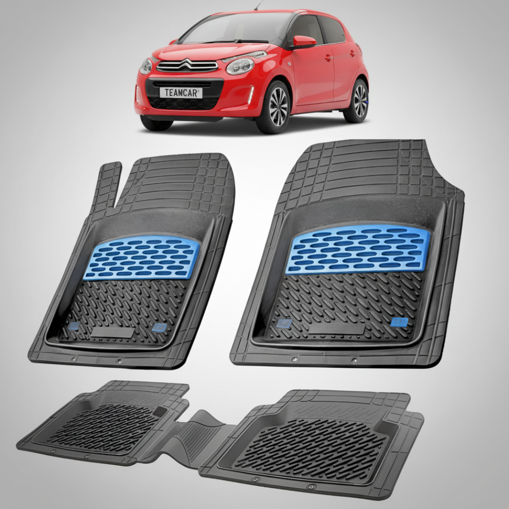 set de covorase din cauciuc negre cu accente albastre cu un citroen c1 generatia ii rosu in fundal