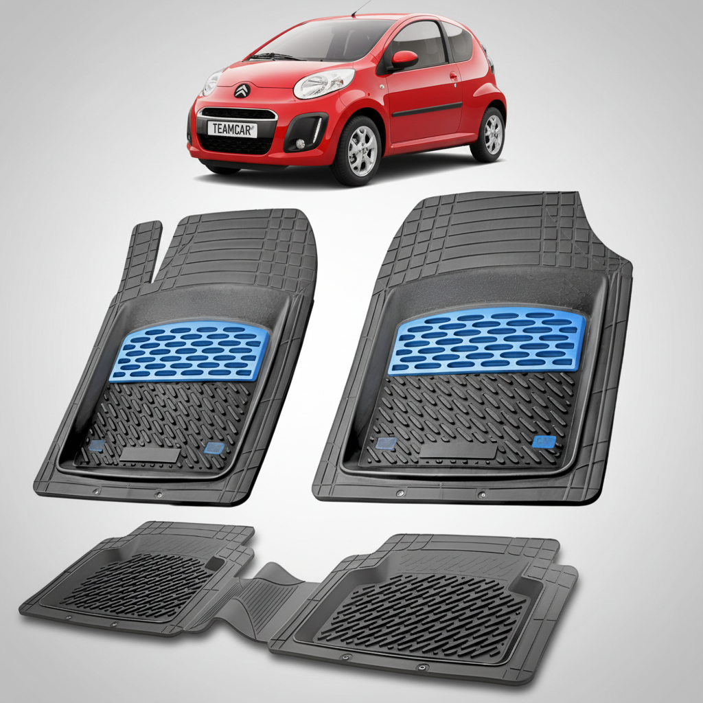 set de covorase din cauciuc negre cu accente albastre cu un citroen c1 hatchback facelift rosu in fundal