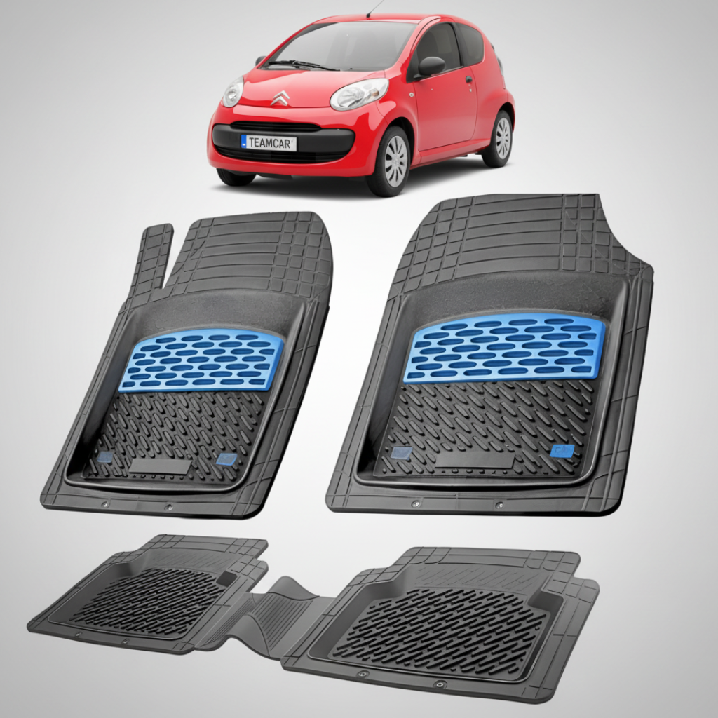 set de covorase din cauciuc negre cu accente albastre cu un citroen c1 hatchback pre-facelift rosu in fundal