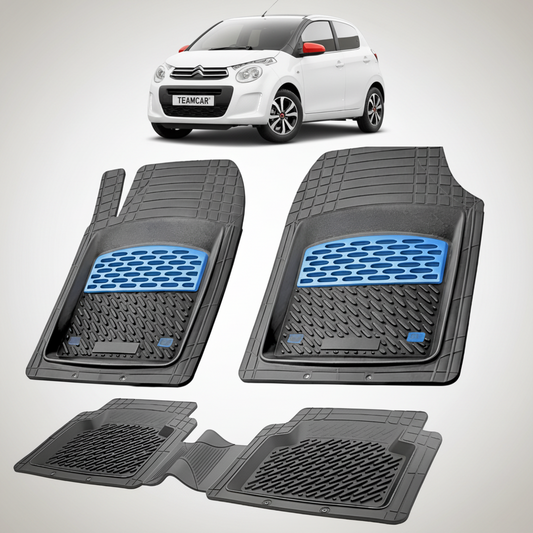 set de covorase din cauciuc negre cu accente albastre cu un citroen c1 hatchback generatia ii alb in fundal