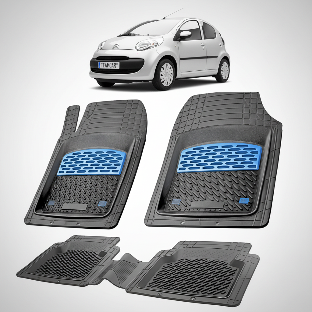 set de covorase din cauciuc negre cu accente albastre cu un citroen c1 hatchback pre-facelift argintiu in fundal