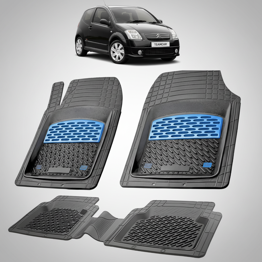 set de covorase din cauciuc negre cu accente albastre cu un citroen c2 generatia i negru in fundal