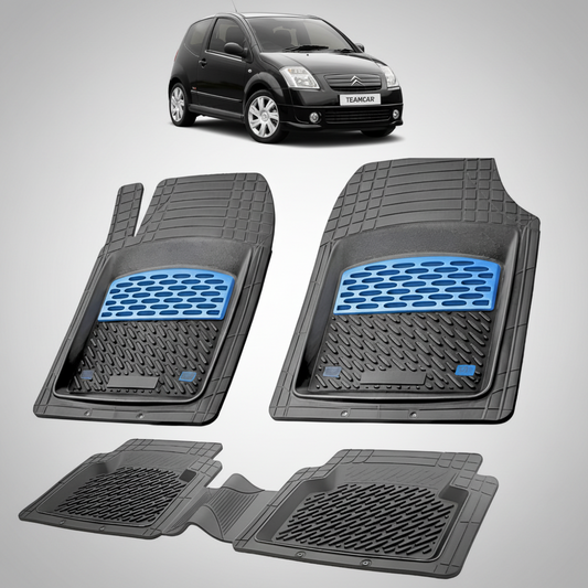 set de covorase din cauciuc negre cu accente albastre cu un citroen c2 generatia i negru in fundal