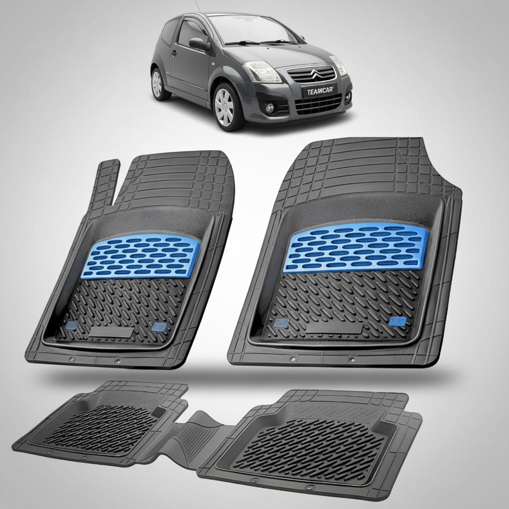 set de covorase din cauciuc negre cu accente albastre cu un citroen c2 hatchback facelift negru in fundal