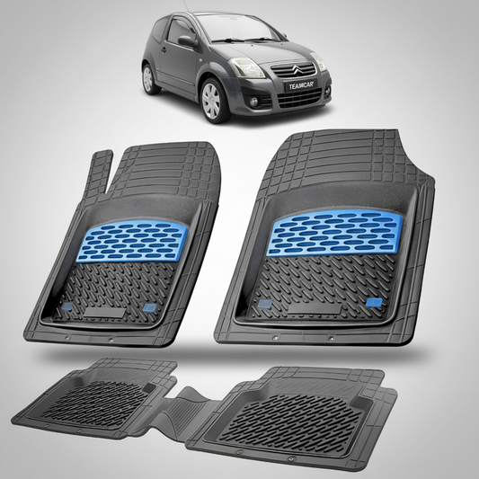 set de covorase din cauciuc negre cu accente albastre cu un citroen c2 hatchback facelift negru in fundal