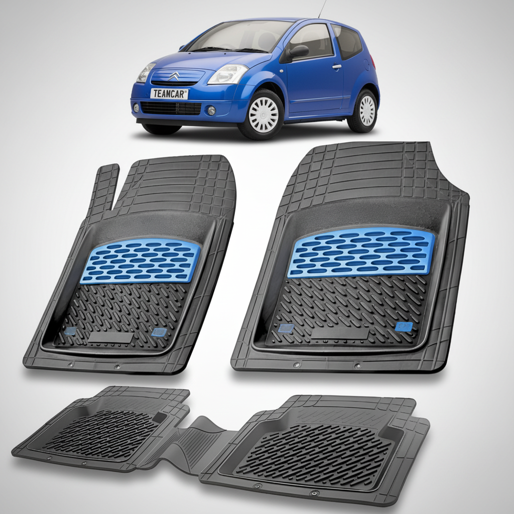 set de covorase din cauciuc negre cu accente albastre cu un citroen c2 hatchback pre-facelift albastru in fundal
