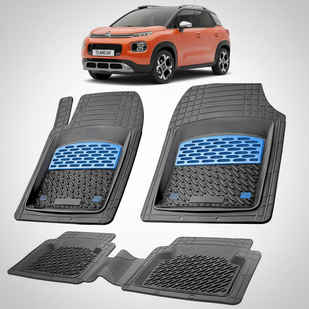 set de covorase din cauciuc negre cu accente albastre cu un citroen c3 aircross generatia i portocaliu in fundal