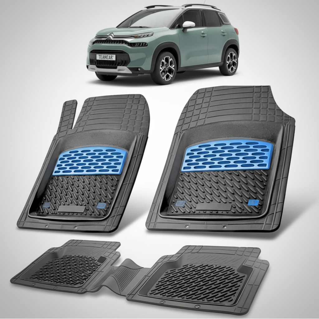 set de covorase din cauciuc negre cu accente albastre cu un citroen c3 aircross suv facelift verde in fundal