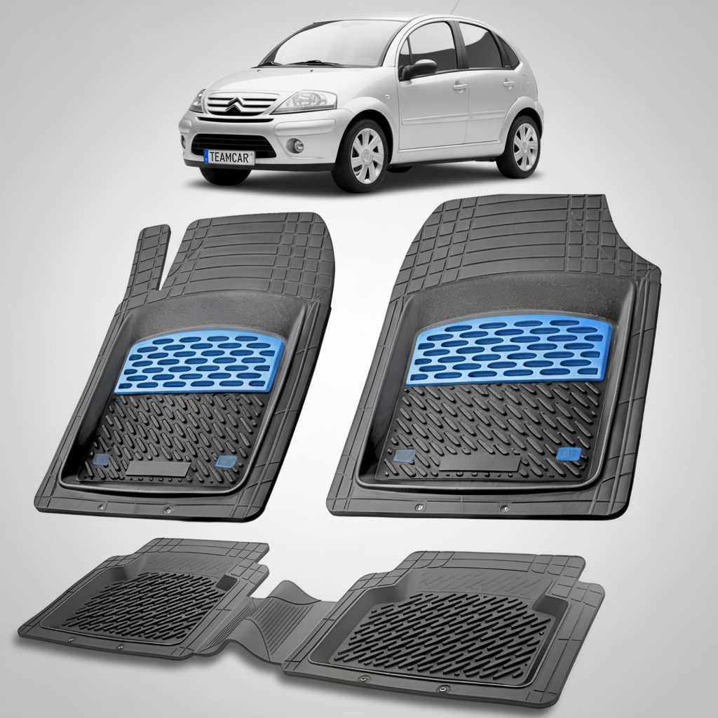 set de covorase din cauciuc negre cu accente albastre cu un citroen c3 generatia i argintiu in fundal