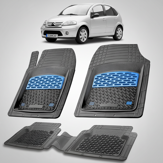 set de covorase din cauciuc negre cu accente albastre cu un citroen c3 generatia i argintiu in fundal