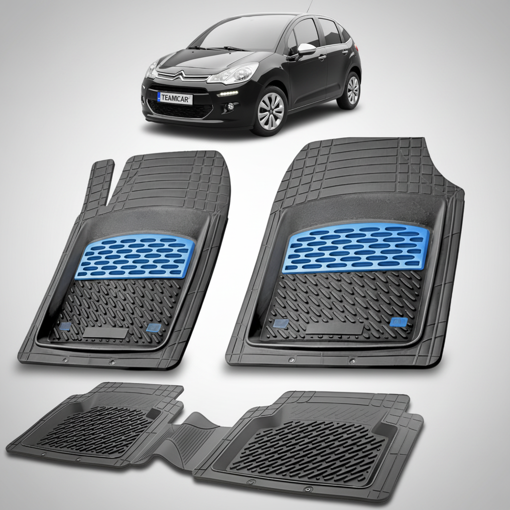 set de covorase din cauciuc negre cu accente albastre cu un citroen c3 generatia ii neagra in fundal