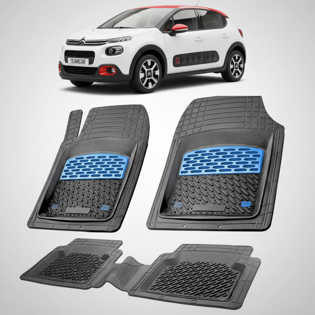 set de covorase din cauciuc negre cu accente albastre cu un citroen c3 generatia iii alb in fundal