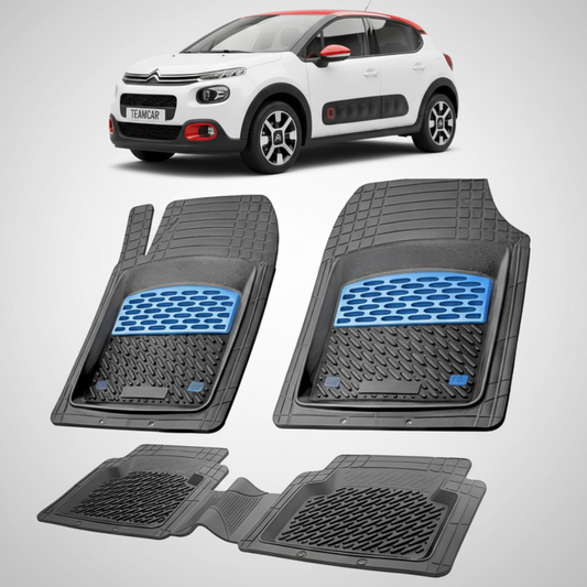 set de covorase din cauciuc negre cu accente albastre cu un citroen c3 generatia iii alb in fundal