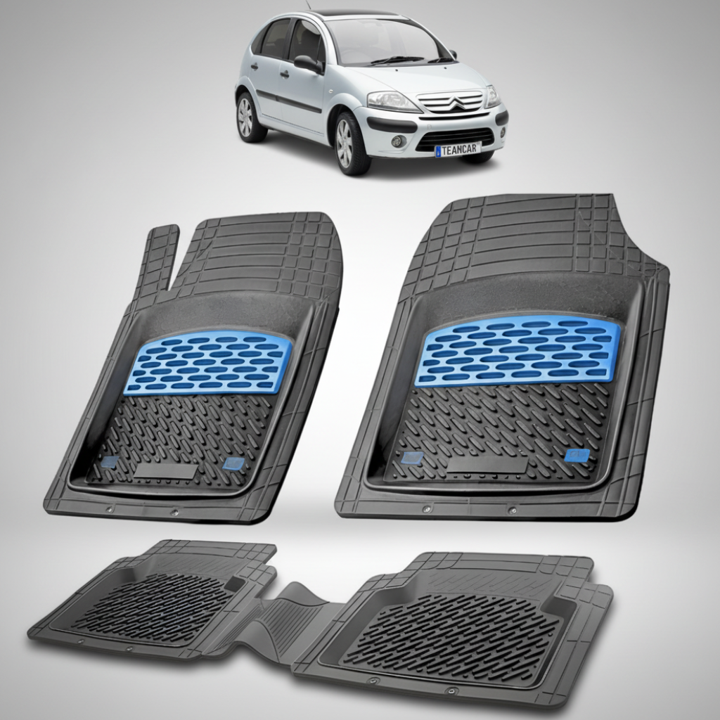 set de covorase din cauciuc negre cu accente albastre cu un citroen c3 hatchback facelift gri in fundal