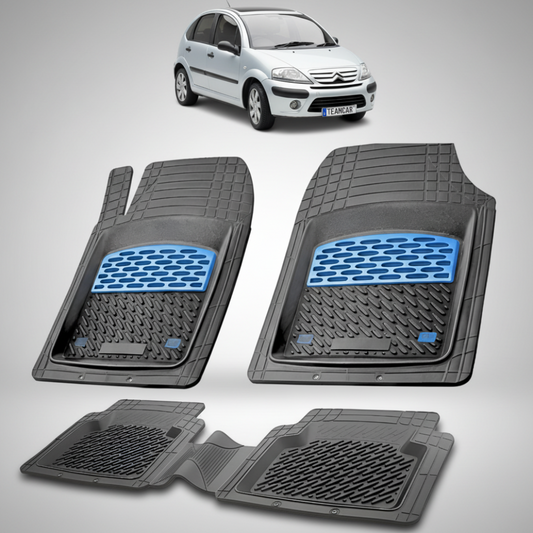 set de covorase din cauciuc negre cu accente albastre cu un citroen c3 hatchback facelift gri in fundal