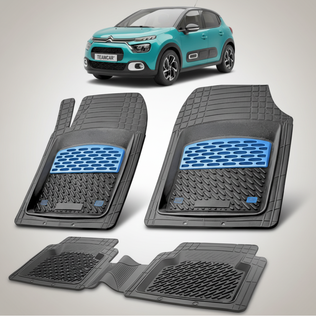 set de covorase din cauciuc negre cu accente albastre cu un citroen c3 hatchback facelift verde  in fundal