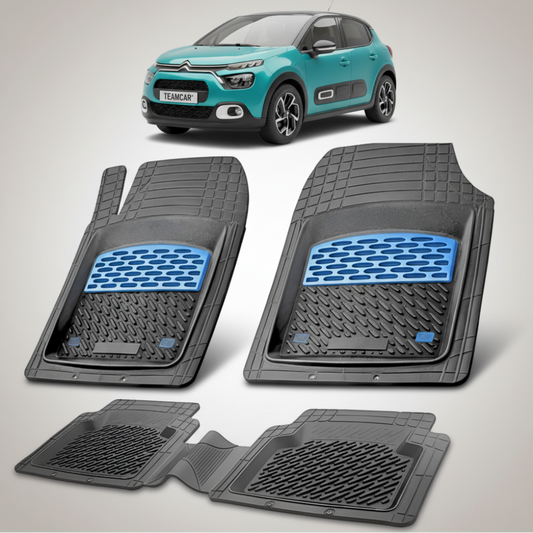 set de covorase din cauciuc negre cu accente albastre cu un citroen c3 hatchback facelift verde  in fundal