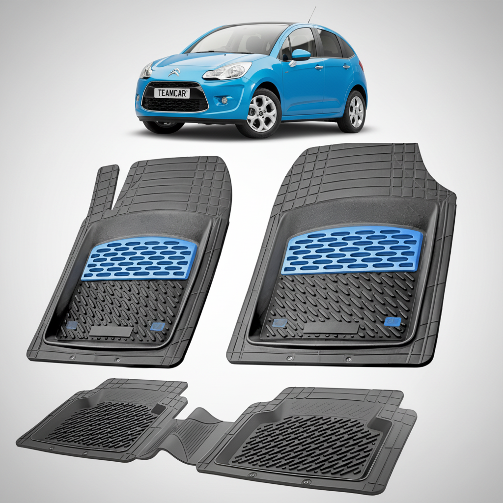 set de covorase din cauciuc negre cu accente albastre cu un citroen c3 hatchback generatia 2 albastru in fundal