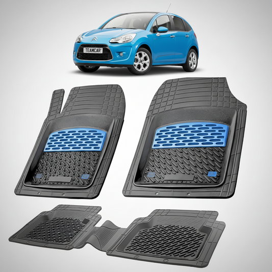 set de covorase din cauciuc negre cu accente albastre cu un citroen c3 hatchback generatia 2 albastru in fundal
