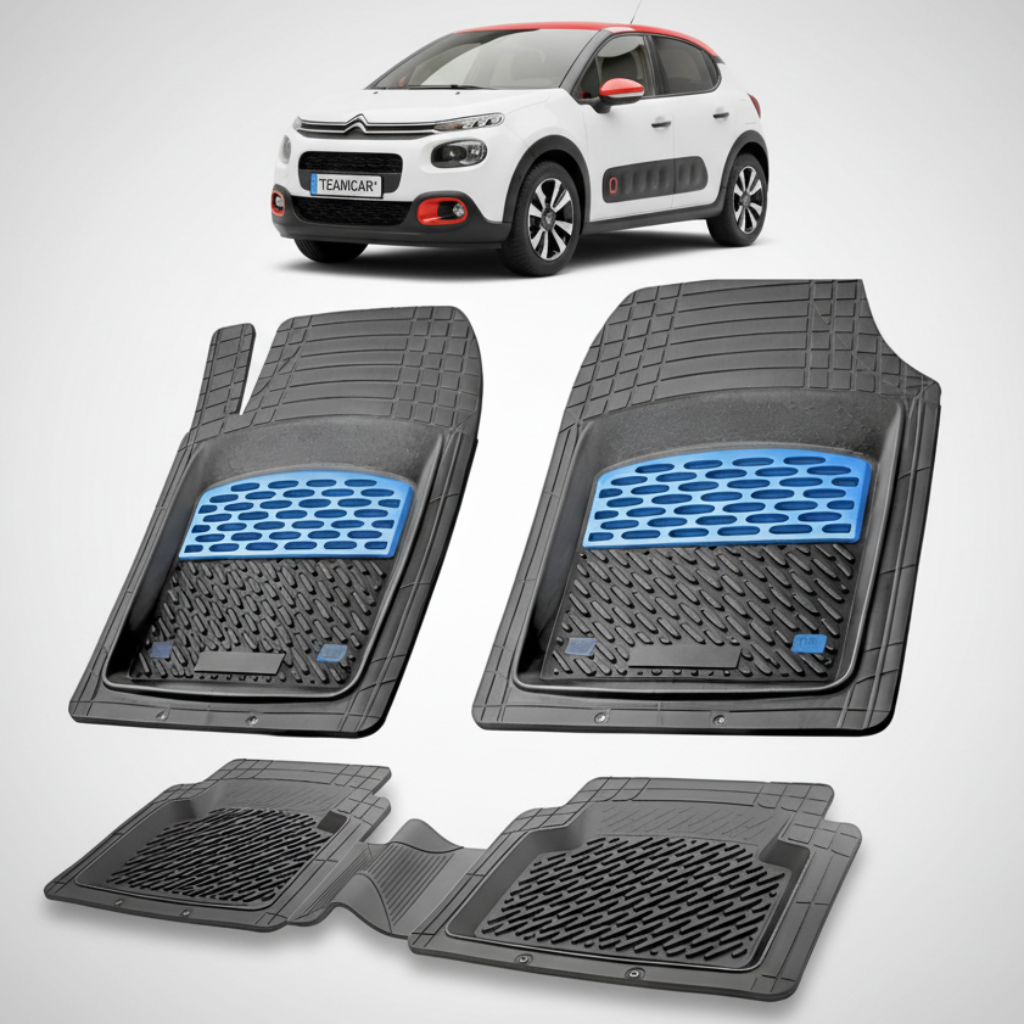 set de covorase din cauciuc negre cu accente albastre cu un citroen c3 hatchback pre-facelift alb in fundal