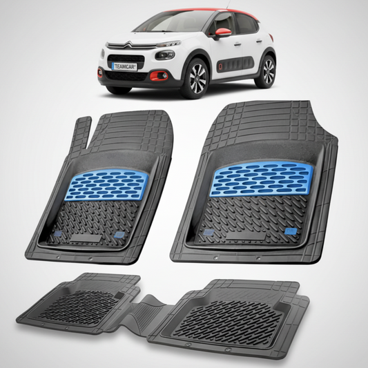 set de covorase din cauciuc negre cu accente albastre cu un citroen c3 hatchback pre-facelift alb in fundal