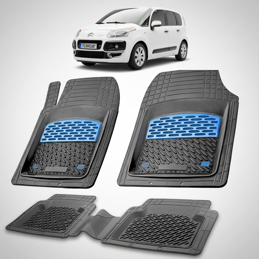 set de covorase din cauciuc negre cu accente albastre cu un citroen c3 picasso mpv generatia 1 alb in fundal