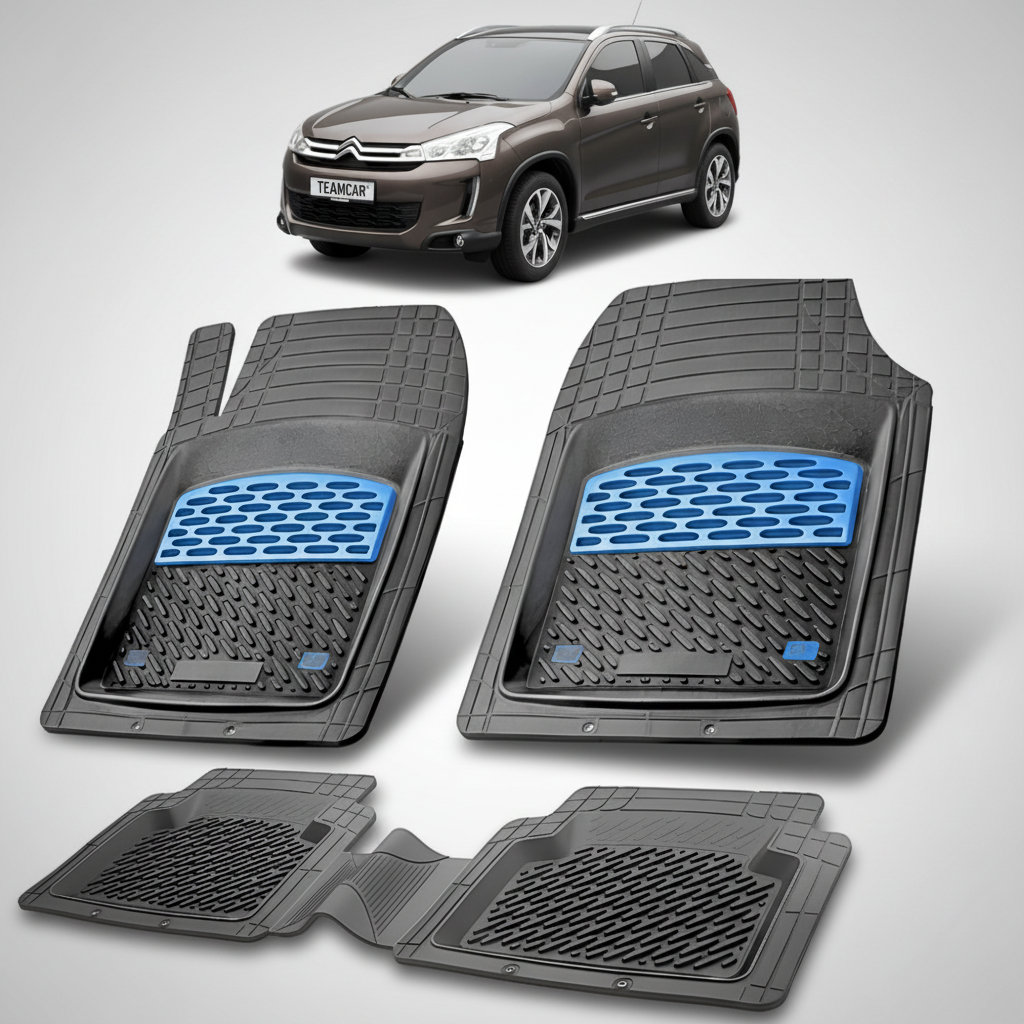 set de covorase din cauciuc negre cu accente albastre cu un citroen c4 aircross suv gen 1 maro in fundal