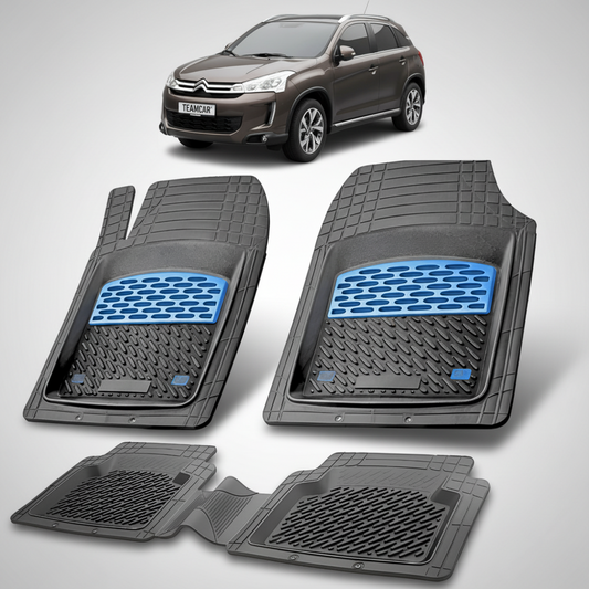 set de covorase din cauciuc negre cu accente albastre cu un citroen c4 aircross suv gen 1 maro in fundal