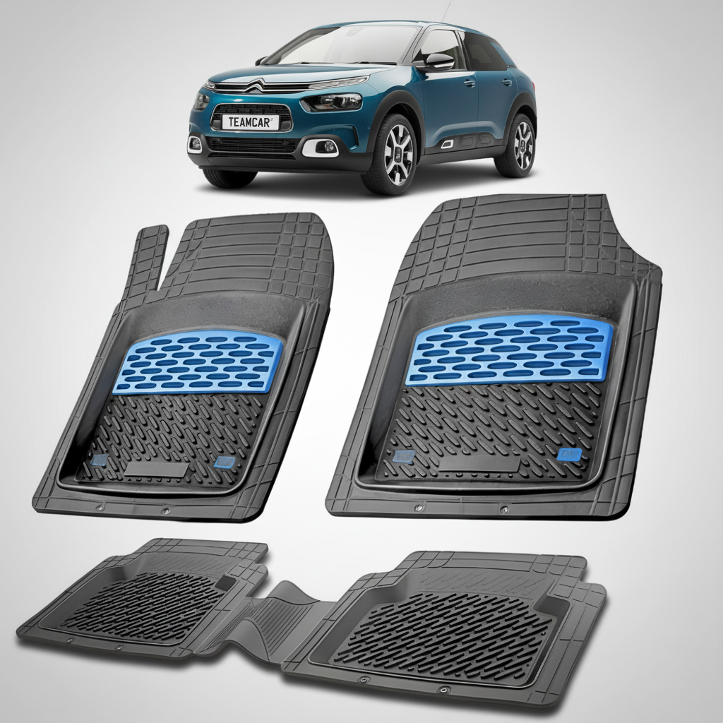 set de covorase din cauciuc negre cu accente albastre cu un citroen c4 cactus generatia i albastru in fundal