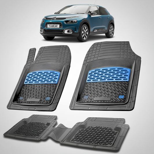 set de covorase din cauciuc negre cu accente albastre cu un citroen c4 cactus generatia i albastru in fundal