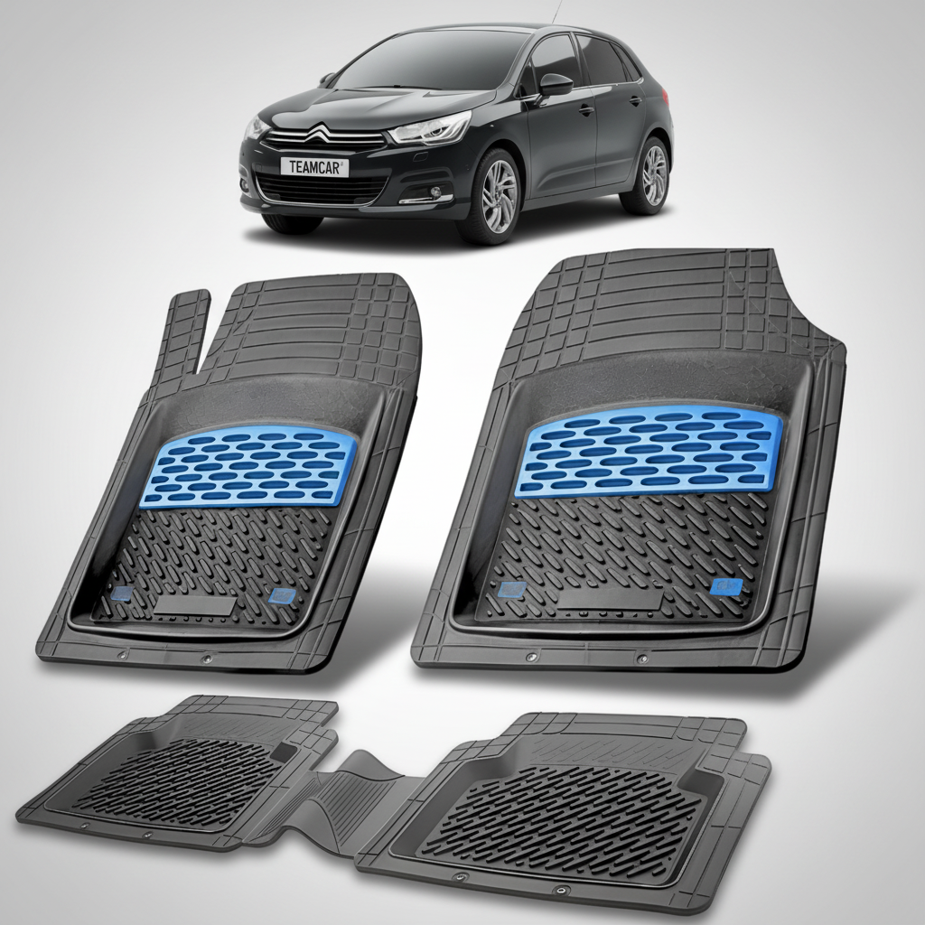 set de covorase din cauciuc negre cu accente albastre cu un citroen c4 generatia ii negru in fundal