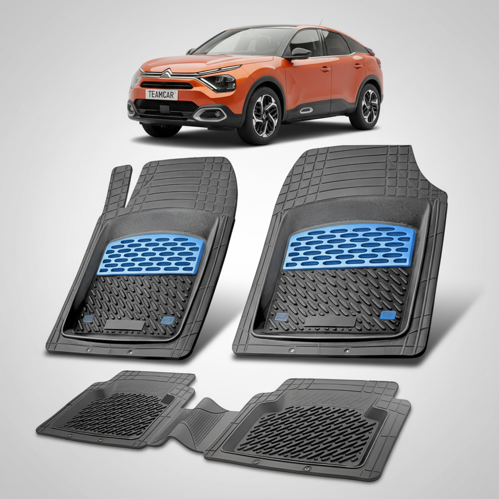 set de covorase din cauciuc negre cu accente albastre cu un citroen c4 generatia iii portocaliu in fundal