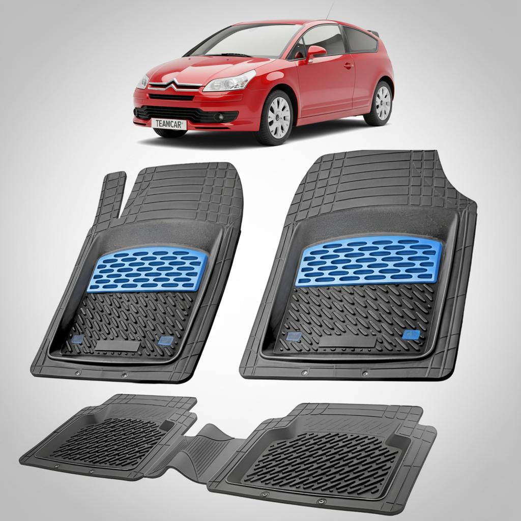 set de covorase din cauciuc negre cu accente albastre cu un citroen c4 generatia i rosu in fundal