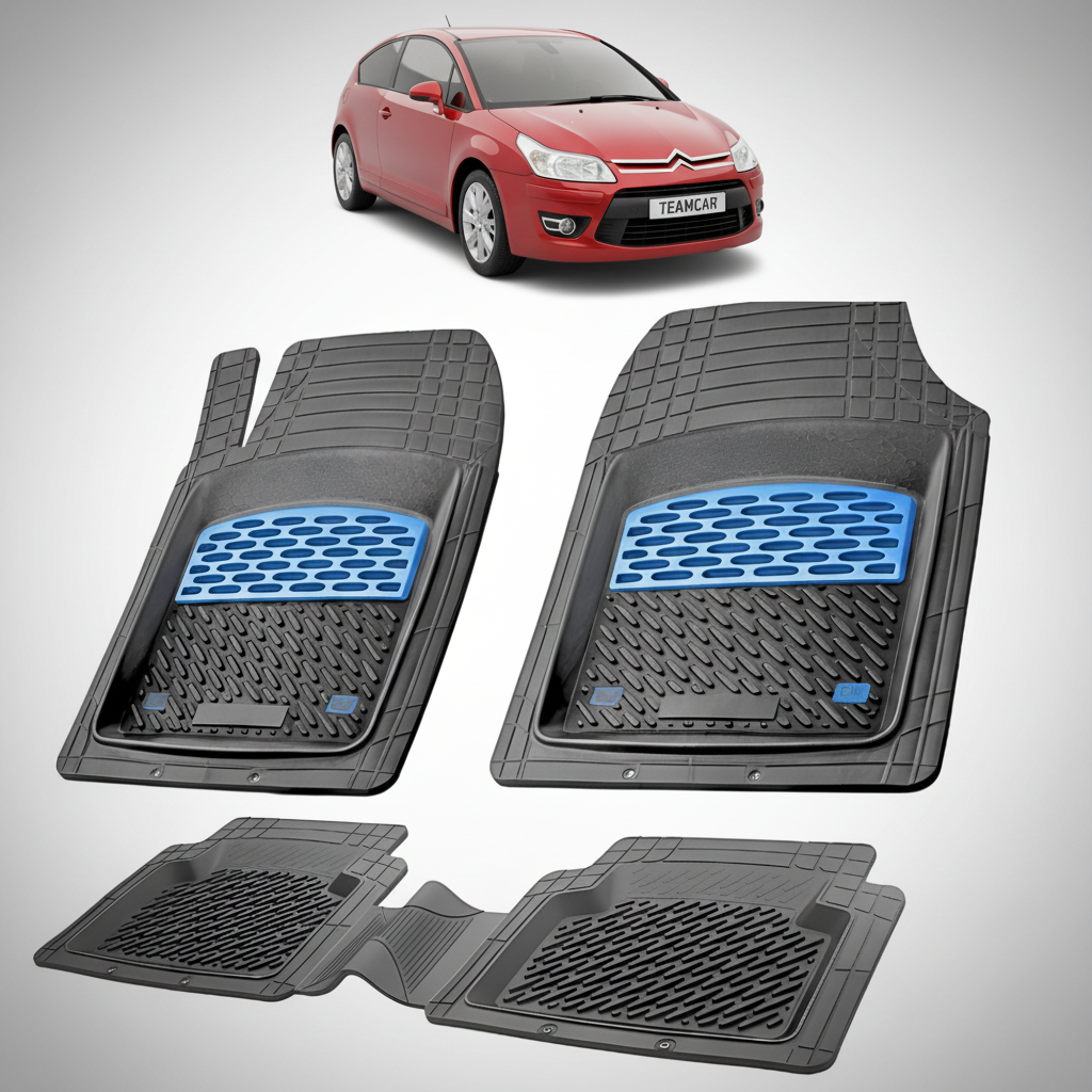 set de covorase din cauciuc negre cu accente albastre cu un citroen c4 hatchback 3 usi facelift rosu in fundal