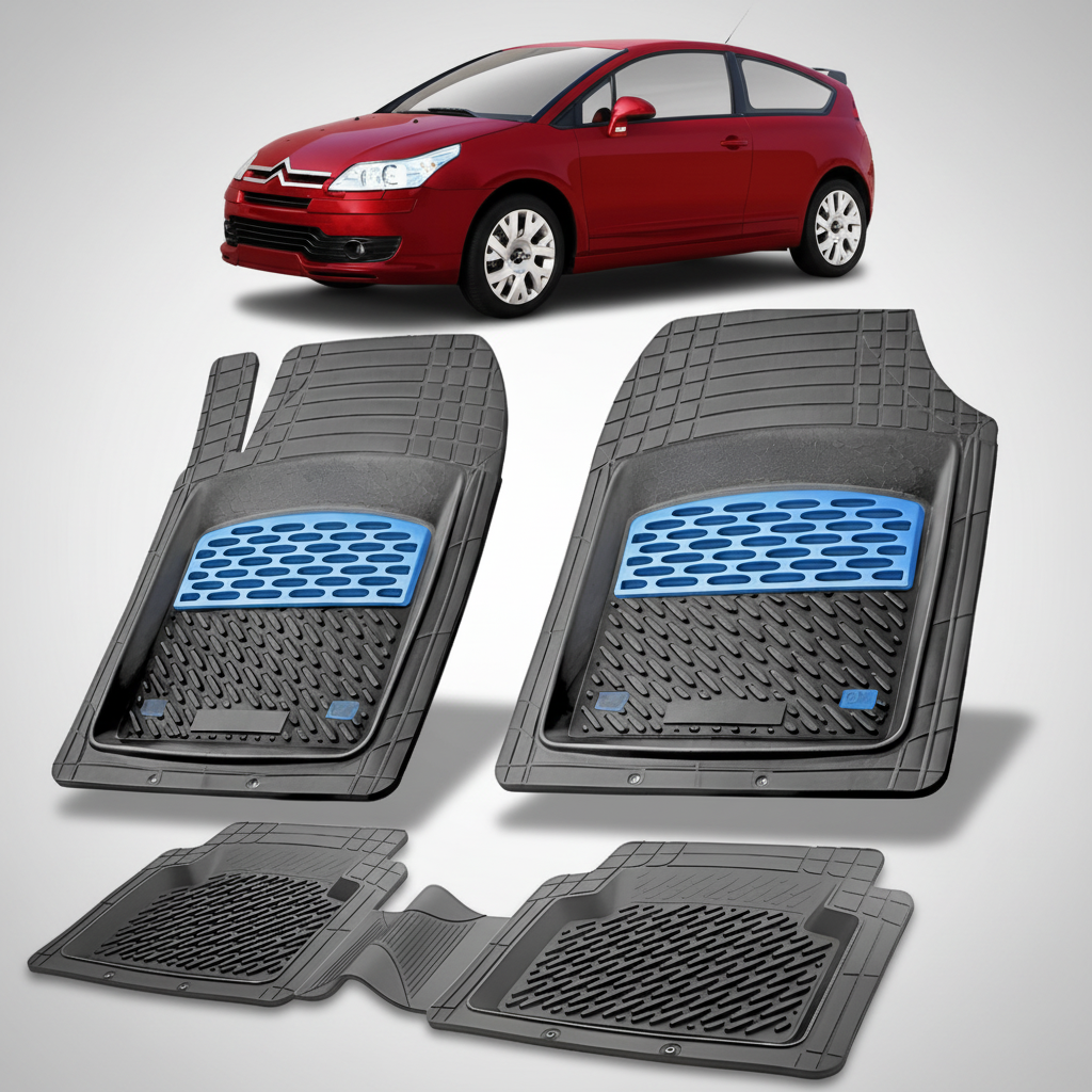 set de covorase din cauciuc negre cu accente albastre cu un citroen c4 hatchback 3 usi pre-facelift rosu in fundal