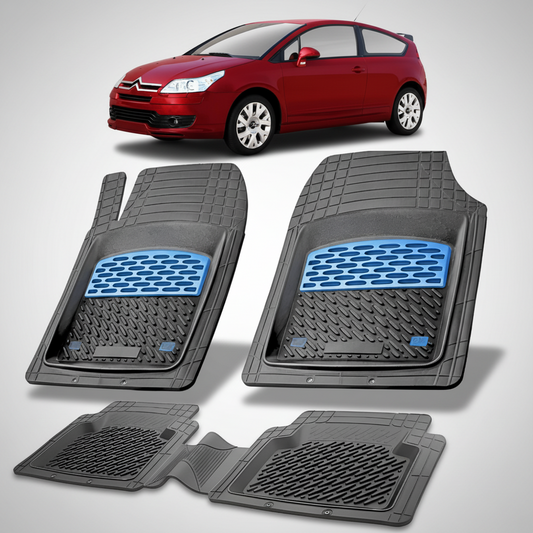 set de covorase din cauciuc negre cu accente albastre cu un citroen c4 hatchback 3 usi pre-facelift rosu in fundal