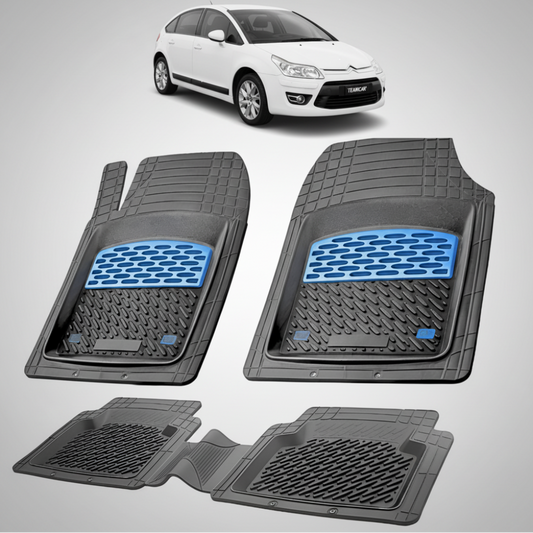set de covorase din cauciuc negre cu accente albastre cu un citroen c4 hatchback 5 usi facelift alb in fundal