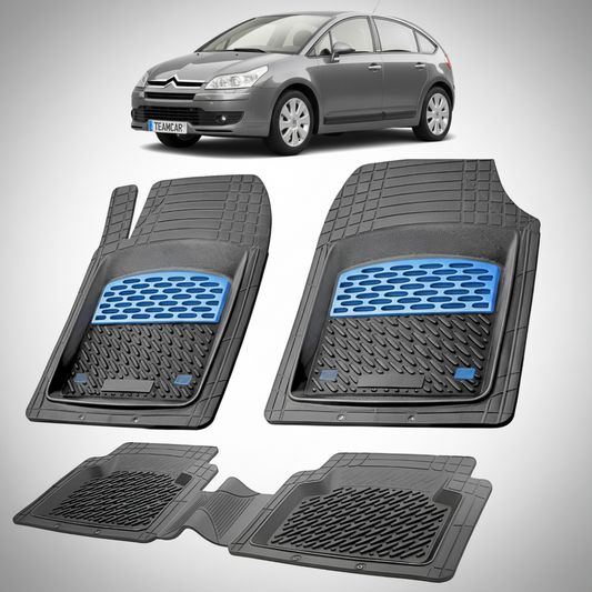 set de covorase din cauciuc negre cu accente albastre cu un citroen c4 hatchback 5 usi pre-facelift gri in fundal